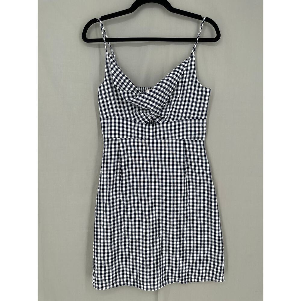 Loft Dress Womens 6 Navy Blue Plaid Mini Gingham Cowl Neck Cutout Boho Cottage - Picture 5 of 7